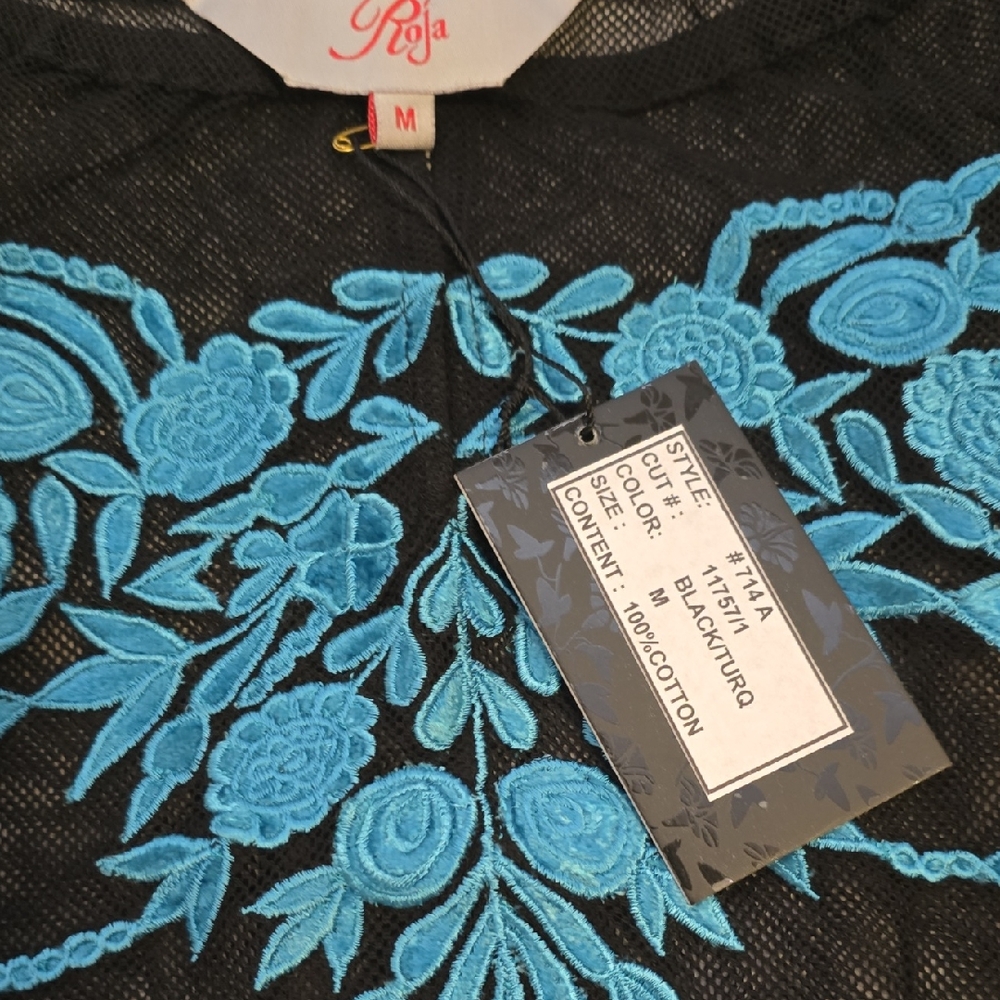 Roja Black and Turquoise Floral Hand Embroidered Top